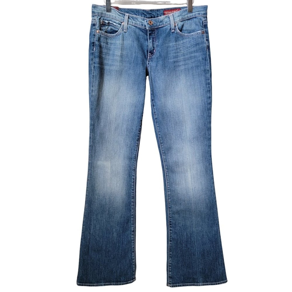Blue 2 Medium Wash Pink Stitching Distressed Flare Denim Jeans